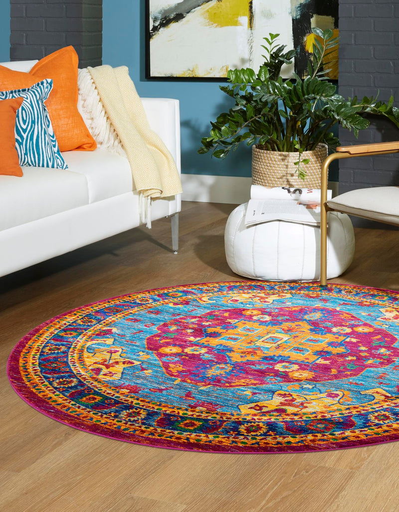 Caribbean Cove Collection Area Rug - Canouan Round Pink Blue lifestyle 21