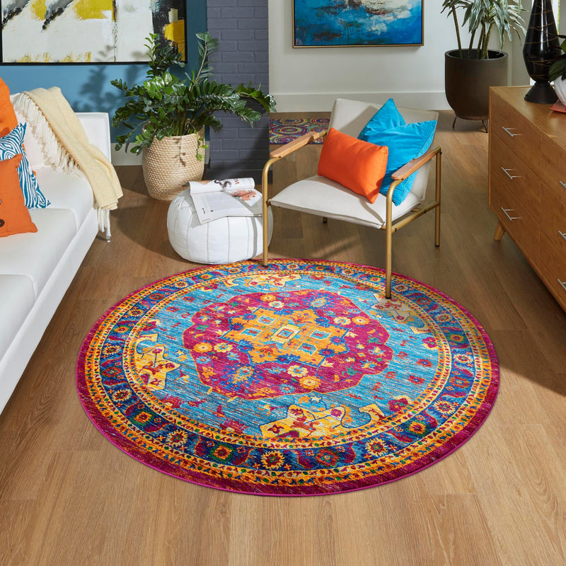 Caribbean Cove Collection Area Rug - Canouan Round Pink Blue lifestyle 44