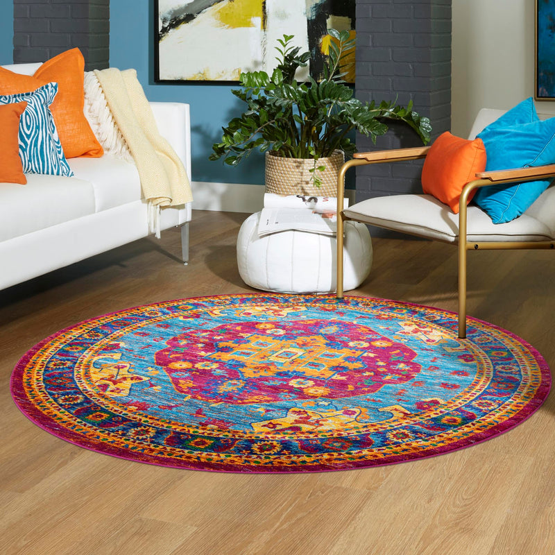 Caribbean Cove Collection Area Rug - Canouan Round Pink Blue lifestyle 46