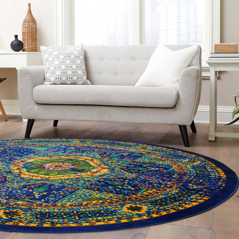 Caribbean Cove Collection Area Rug - Grenada Round Navy Blue lifestyle 54