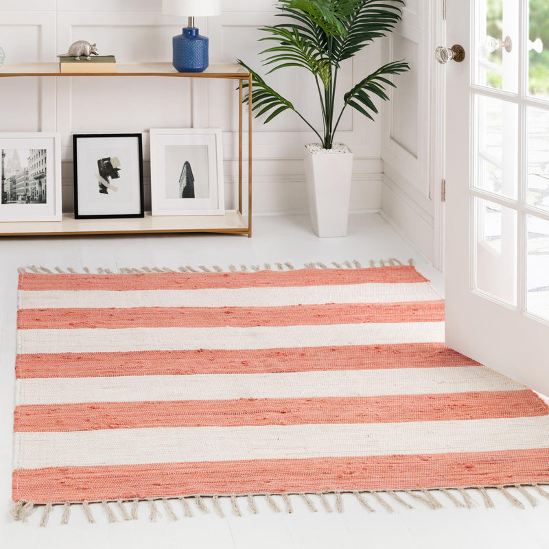 Tassel Trail Collection Area Rug - Pathway (Coral and Ivory) Square Coral and Ivory lifestyle 51