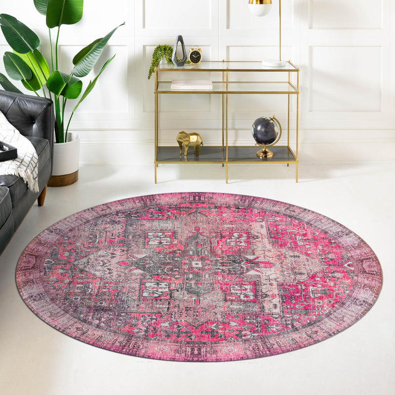 Heritage Elegance Collection Area Rug - Windsor (Pink) Round Pink lifestyle 69