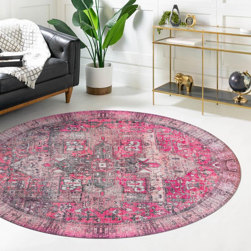 Heritage Elegance Collection Area Rug - Windsor (Pink) Round Pink lifestyle 73