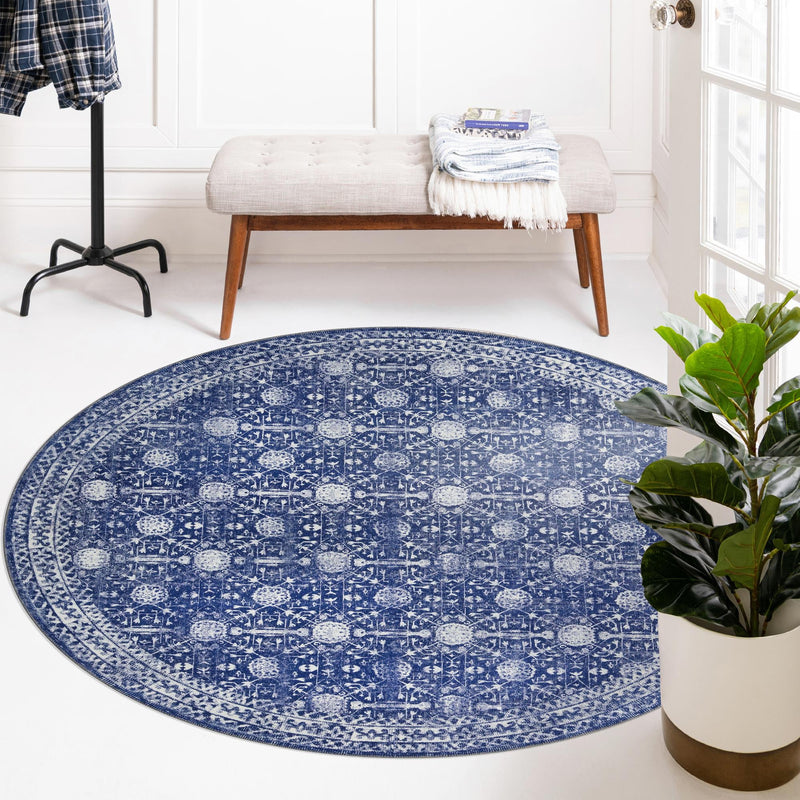 Heritage Elegance Collection Area Rug - Chatsworth Round Navy Blue lifestyle 91