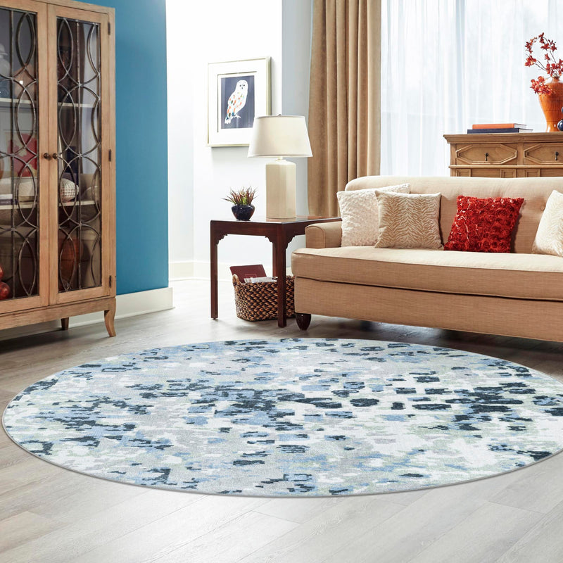 Aegean Elegance Washables Collection Area Rug - Andros Round Gray Navy Green lifestyle 69