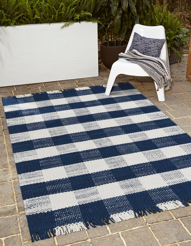 Sustainable Grid Indoor-Outdoor Oasis Collection Area Rug - Savannah Rectangle Navy Blue lifestyle 22