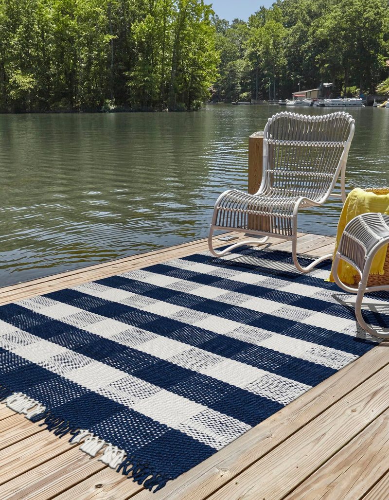 Sustainable Grid Indoor-Outdoor Oasis Collection Area Rug - Savannah Rectangle Navy Blue lifestyle 28