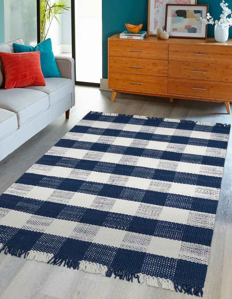 Sustainable Grid Indoor-Outdoor Oasis Collection Area Rug - Savannah Rectangle Navy Blue lifestyle 31