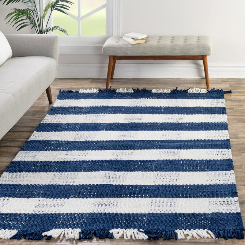 Sustainable Grid Indoor-Outdoor Oasis Collection Area Rug - Savannah Rectangle Navy Blue lifestyle 64