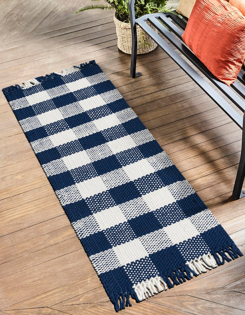 Sustainable Grid Indoor-Outdoor Oasis Collection Area Rug - Savannah Runner Navy Blue lifestyle 73