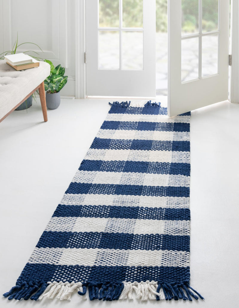 Sustainable Grid Indoor-Outdoor Oasis Collection Area Rug - Savannah Runner Navy Blue lifestyle 76