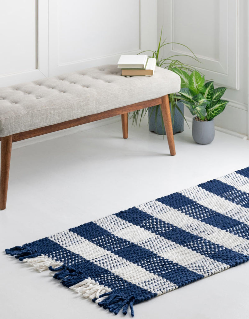 Sustainable Grid Indoor-Outdoor Oasis Collection Area Rug - Savannah Runner Navy Blue lifestyle 81
