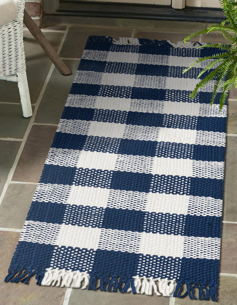 Sustainable Grid Indoor-Outdoor Oasis Collection Area Rug - Savannah Runner Navy Blue lifestyle 83