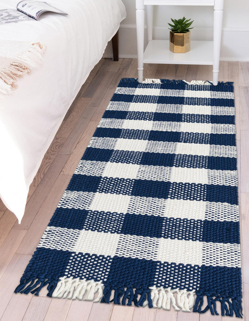 Sustainable Grid Indoor-Outdoor Oasis Collection Area Rug - Savannah Runner Navy Blue lifestyle 85