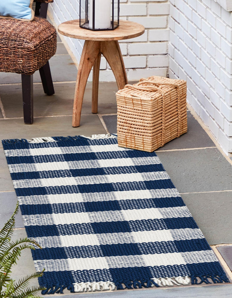 Sustainable Grid Indoor-Outdoor Oasis Collection Area Rug - Savannah Runner Navy Blue lifestyle 87