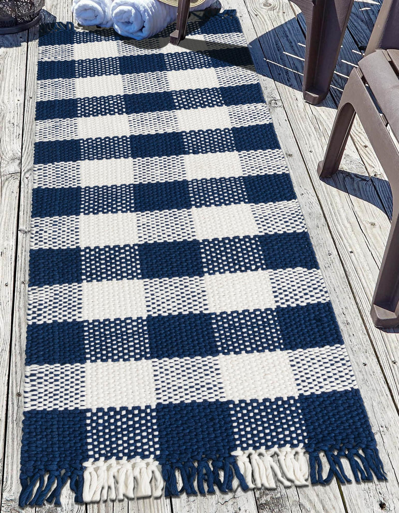 Sustainable Grid Indoor-Outdoor Oasis Collection Area Rug - Savannah Runner Navy Blue lifestyle 91
