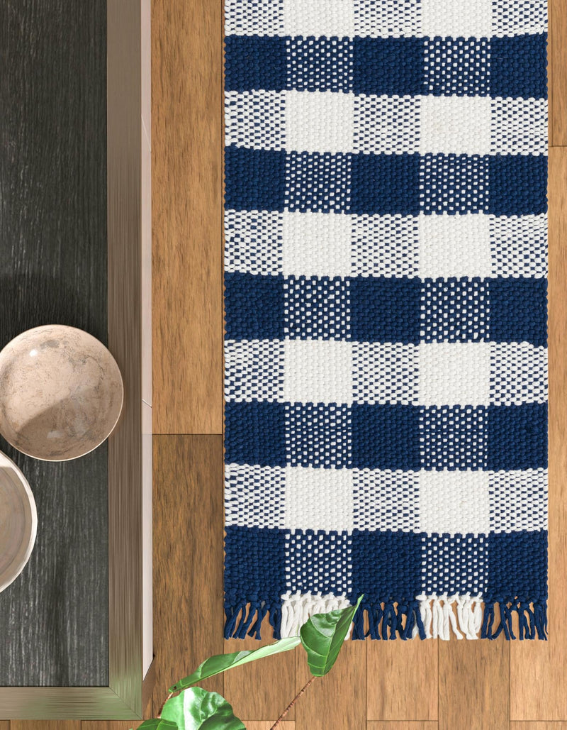 Sustainable Grid Indoor-Outdoor Oasis Collection Area Rug - Savannah Runner Navy Blue lifestyle 93