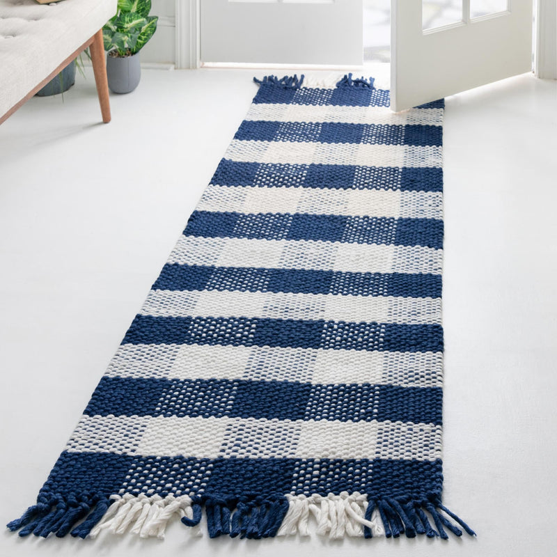 Sustainable Grid Indoor-Outdoor Oasis Collection Area Rug - Savannah Runner Navy Blue lifestyle 151