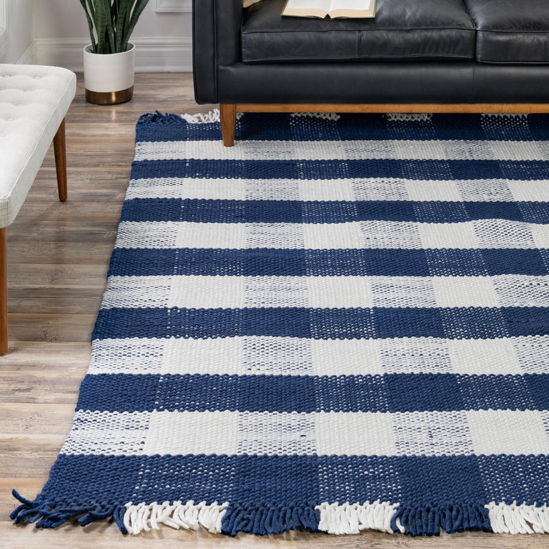 Sustainable Grid Indoor-Outdoor Oasis Collection Area Rug - Savannah Square Navy Blue lifestyle 125