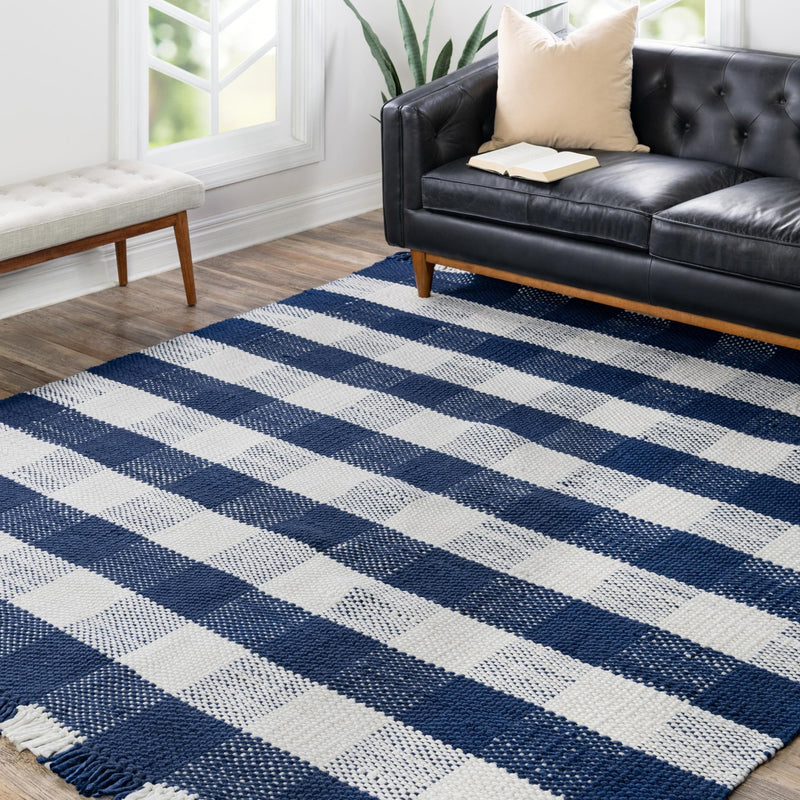 Sustainable Grid Indoor-Outdoor Oasis Collection Area Rug - Savannah Square Navy Blue lifestyle 126