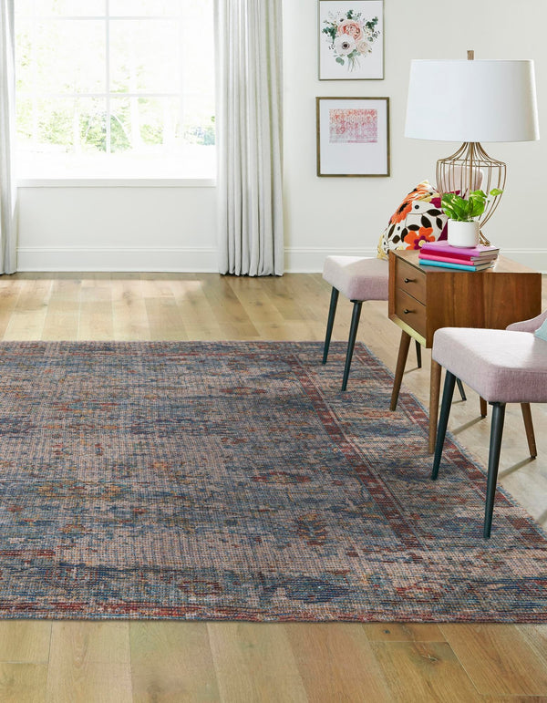 Savannah Threads Collection Area Rug - Tybee Square Teal blue lifestyle 50
