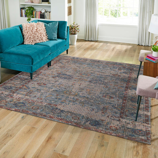 Savannah Threads Collection Area Rug - Tybee Square Teal blue lifestyle 70