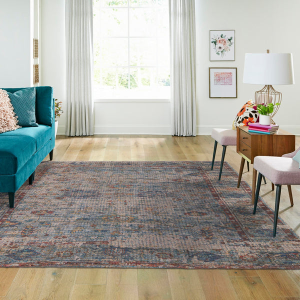 Savannah Threads Collection Area Rug - Tybee Square Teal blue lifestyle 74