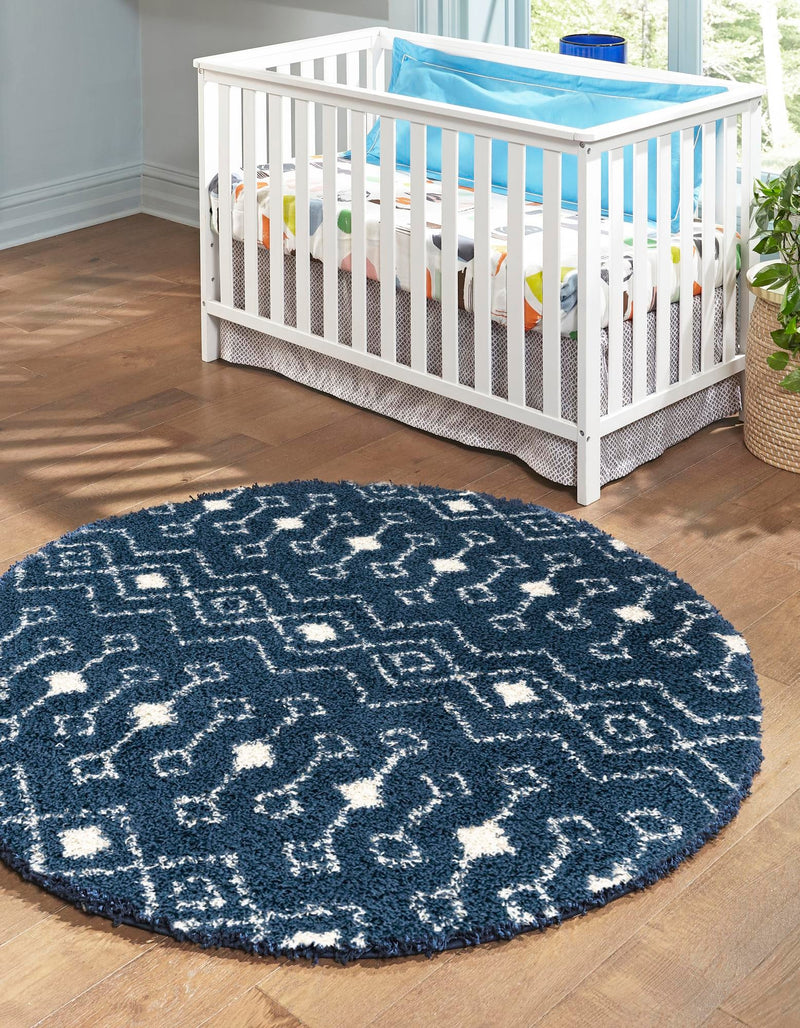 Berber Lattice Shag Collection Area Rug - Atlas (Navy Blue) Round Navy Blue lifestyle 0