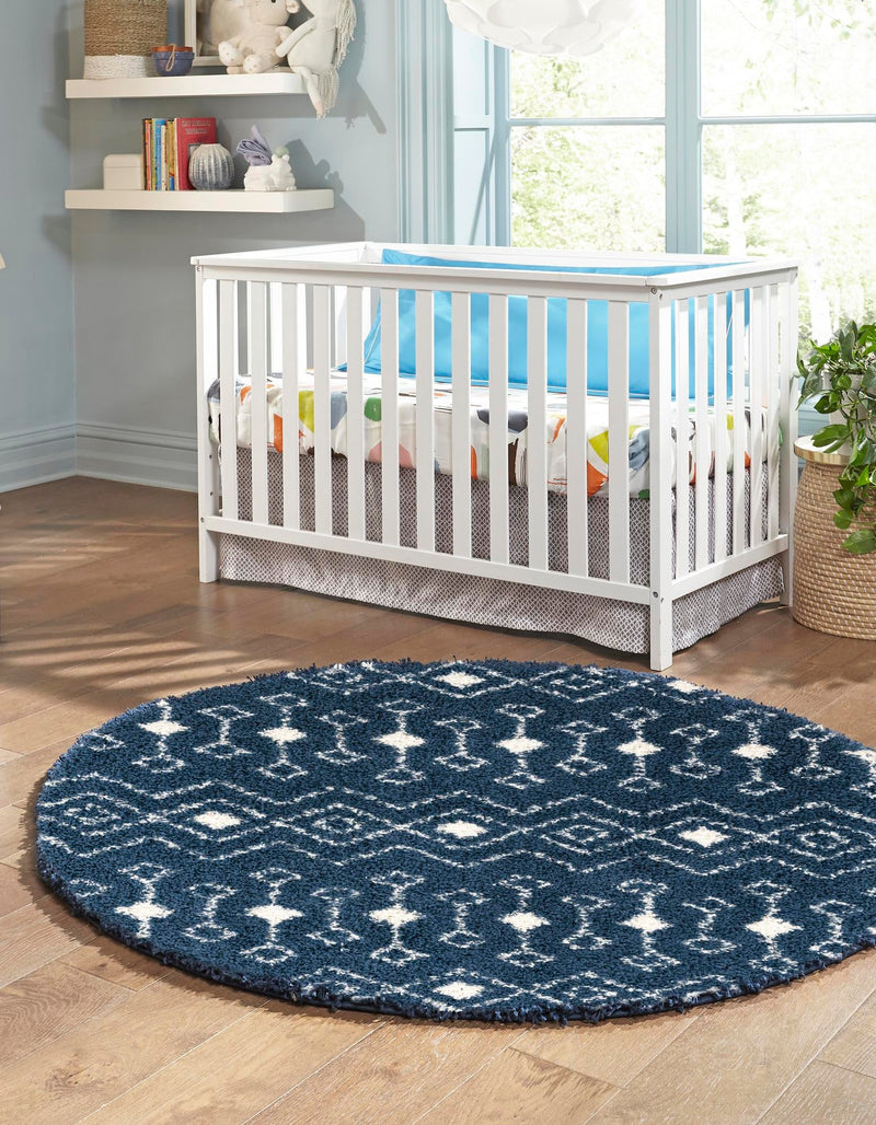 Berber Lattice Shag Collection Area Rug - Atlas (Navy Blue) Round Navy Blue lifestyle 2