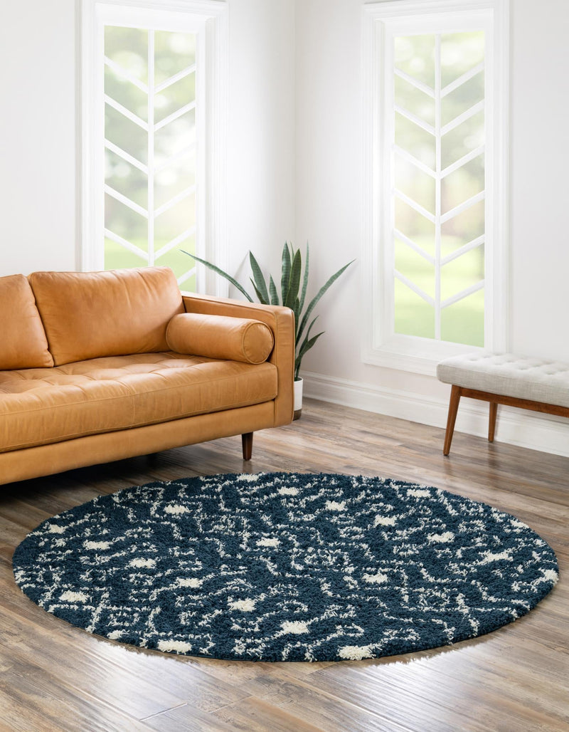 Berber Lattice Shag Collection Area Rug - Atlas (Navy Blue) Round Navy Blue lifestyle 3