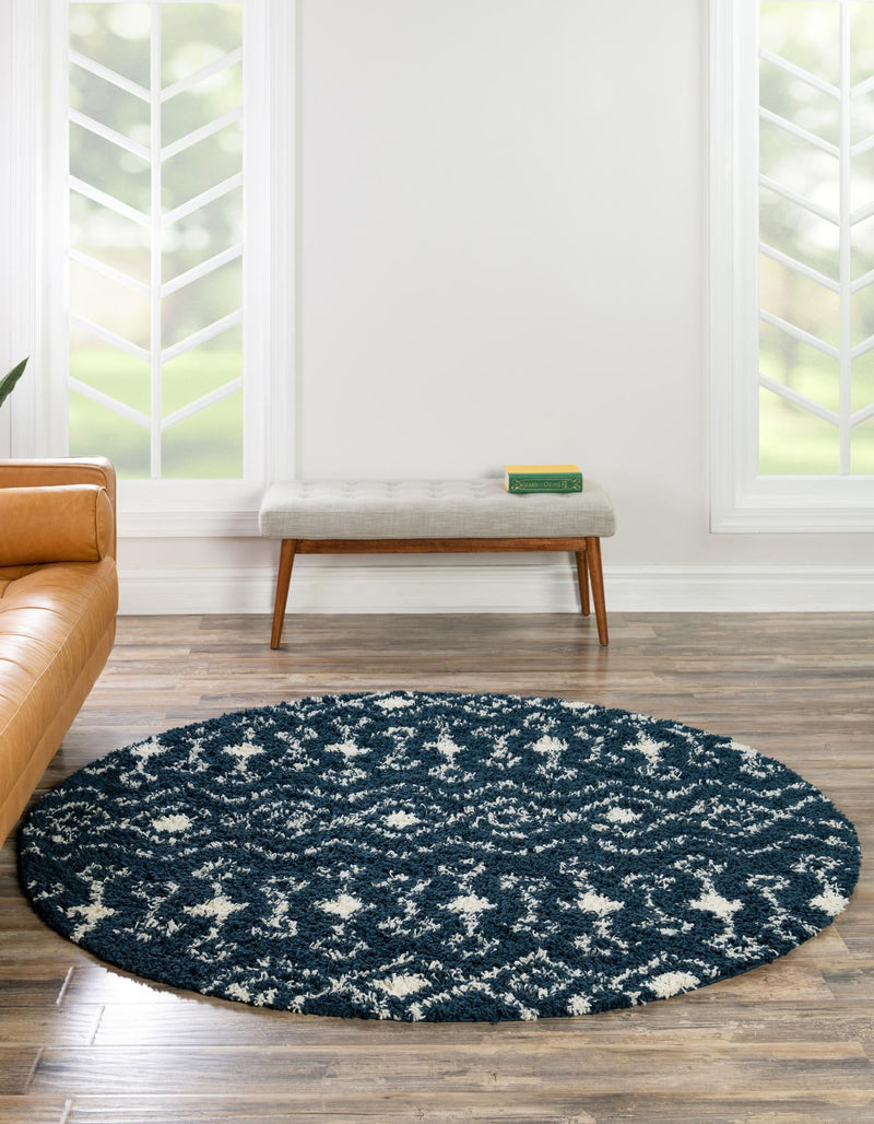 Berber Lattice Shag Collection Area Rug - Atlas (Navy Blue) Round Navy Blue lifestyle 4