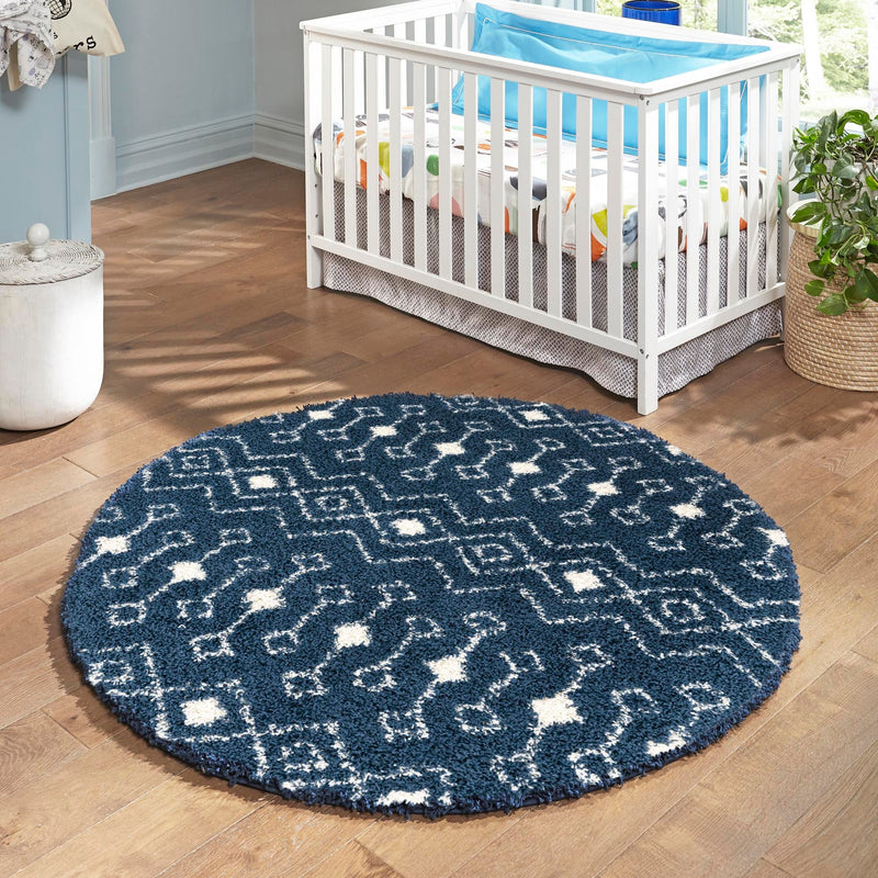 Berber Lattice Shag Collection Area Rug - Atlas (Navy Blue) Round Navy Blue lifestyle 17