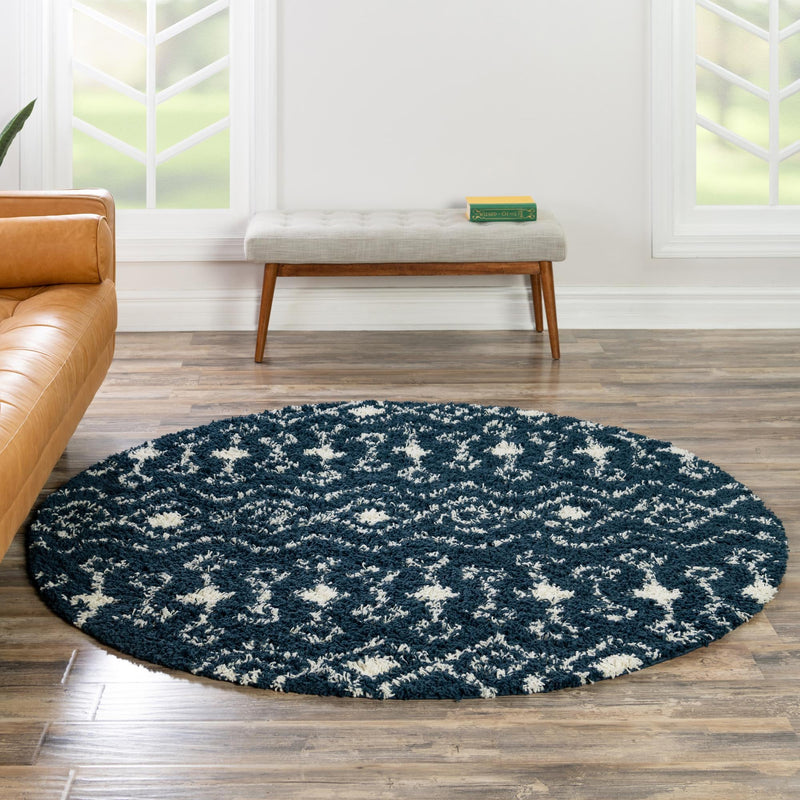 Berber Lattice Shag Collection Area Rug - Atlas (Navy Blue) Round Navy Blue lifestyle 20