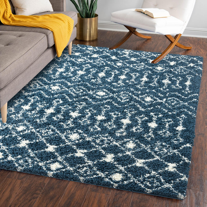 Berber Lattice Shag Collection Area Rug - Atlas (Navy Blue) Rectangle Navy Blue lifestyle 23