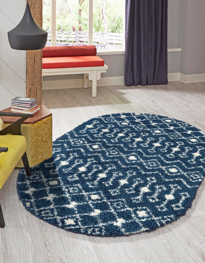 Berber Lattice Shag Collection Area Rug - Atlas (Navy Blue) Oval Navy Blue lifestyle 0
