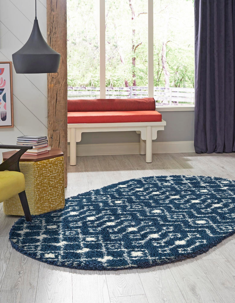 Berber Lattice Shag Collection Area Rug - Atlas (Navy Blue) Oval Navy Blue lifestyle 2