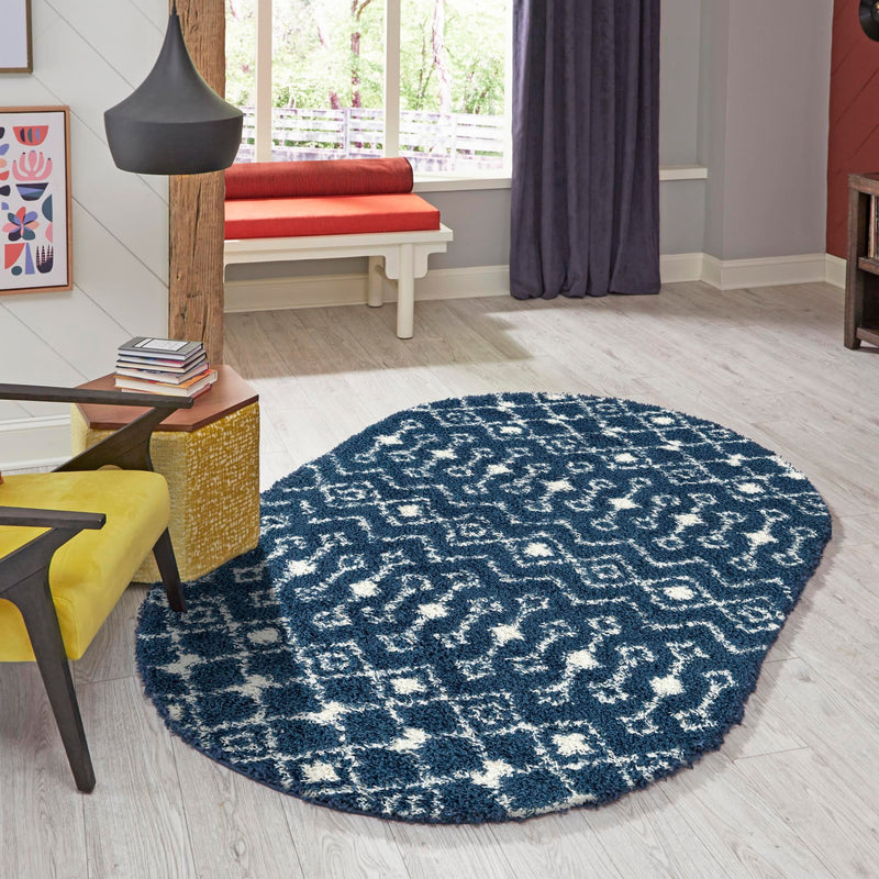 Berber Lattice Shag Collection Area Rug - Atlas (Navy Blue) Oval Navy Blue lifestyle 13