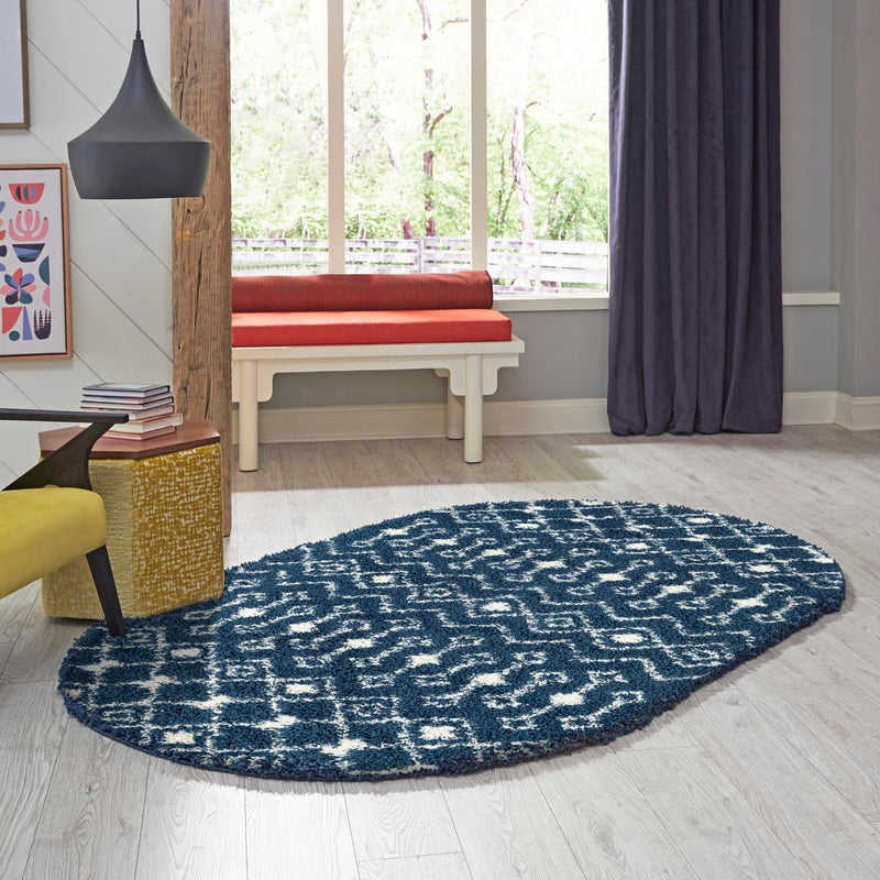 Berber Lattice Shag Collection Area Rug - Atlas (Navy Blue) Oval Navy Blue lifestyle 14