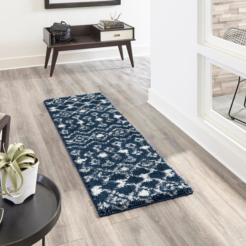Berber Lattice Shag Collection Area Rug - Atlas (Navy Blue) Runner Navy Blue lifestyle 13