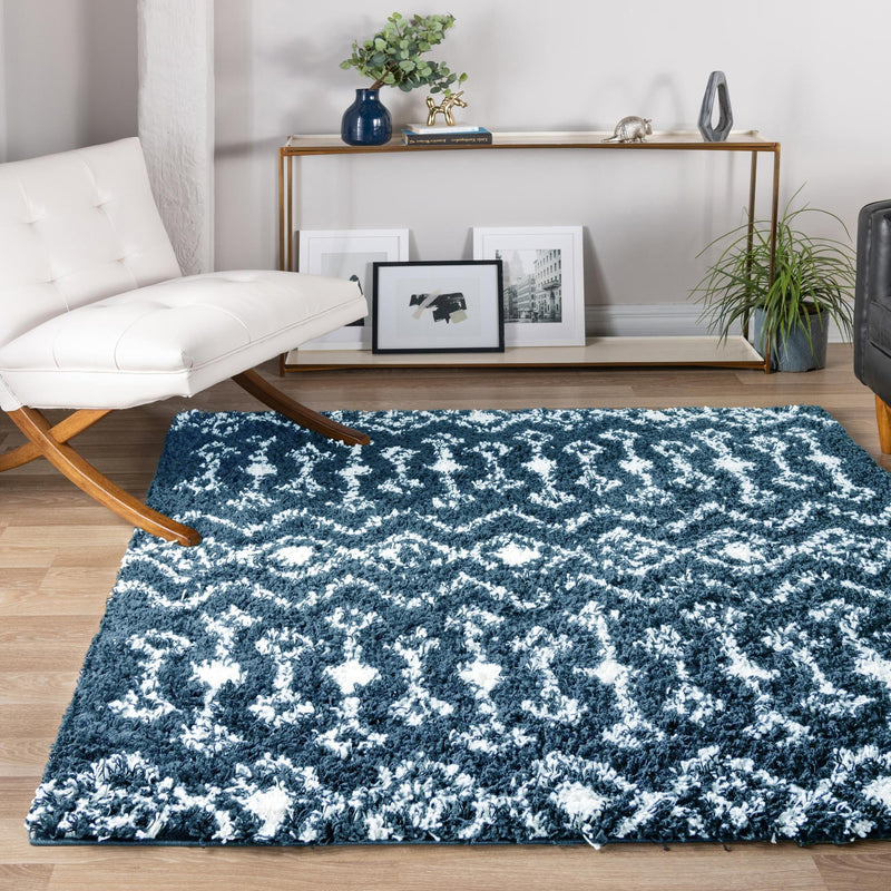 Berber Lattice Shag Collection Area Rug - Atlas (Navy Blue) Square Navy Blue lifestyle 15