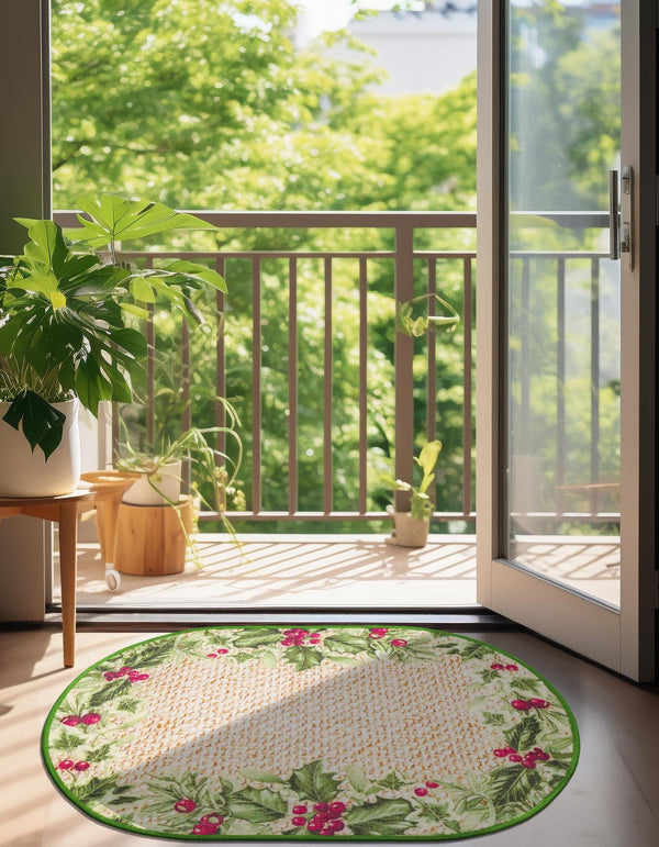 Belizean Tropics Outdoor Rugs Collection Area Rug - Ambergris Oval Beige and Green lifestyle 24