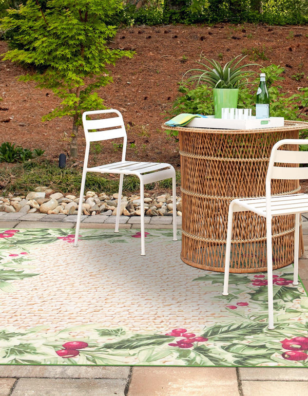 Belizean Tropics Outdoor Rugs Collection Area Rug - Ambergris Square Beige and Green lifestyle 27