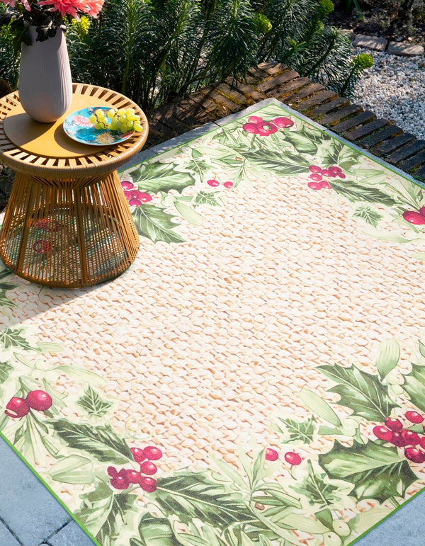 Belizean Tropics Outdoor Rugs Collection Area Rug - Ambergris Square Beige and Green lifestyle 29