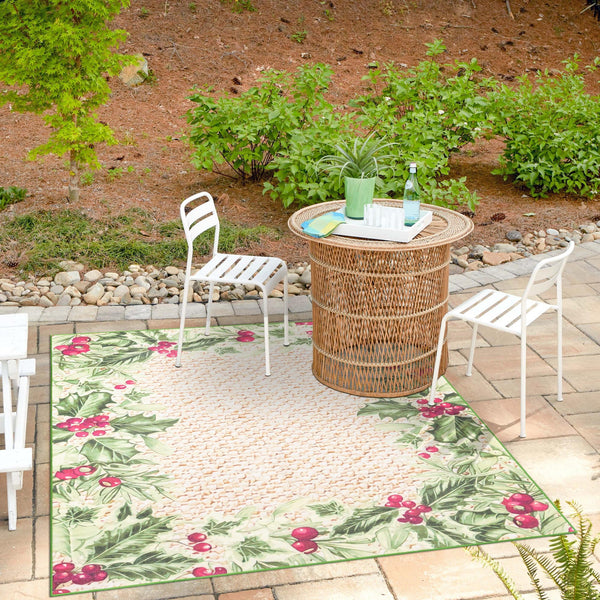 Belizean Tropics Outdoor Rugs Collection Area Rug - Ambergris Square Beige and Green lifestyle 79