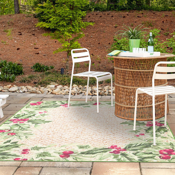 Belizean Tropics Outdoor Rugs Collection Area Rug - Ambergris Square Beige and Green lifestyle 82