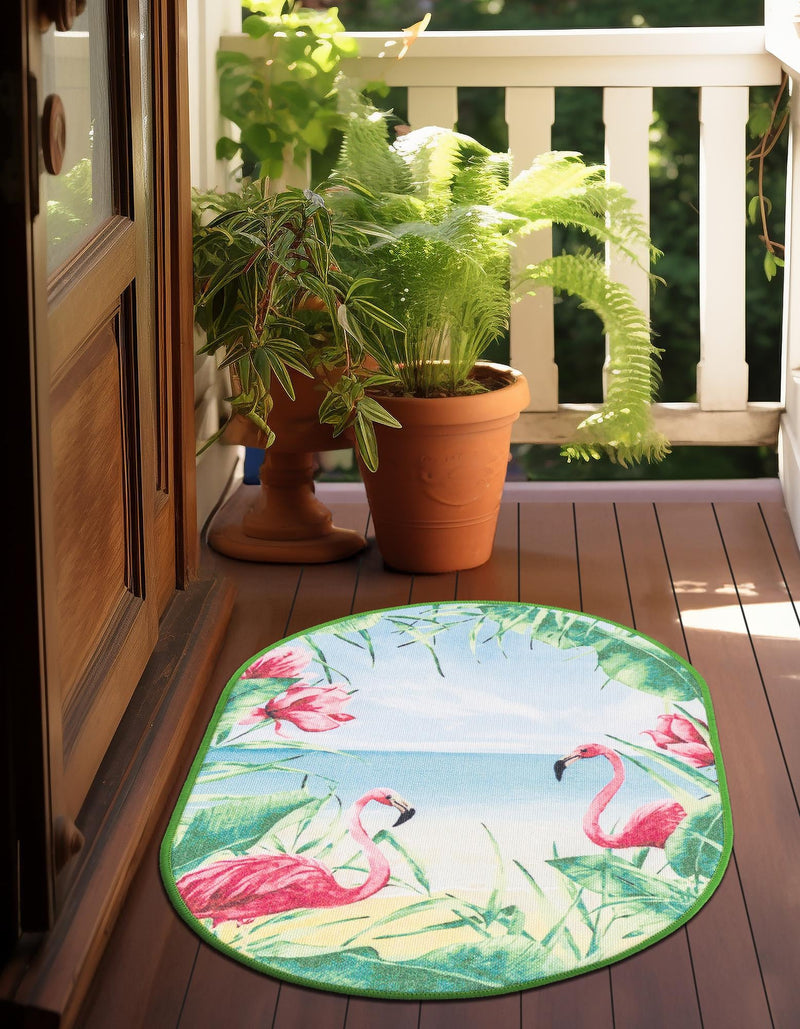 Belizean Tropics Outdoor Rugs Collection Area Rug - Placencia Oval Blue and Green lifestyle 33
