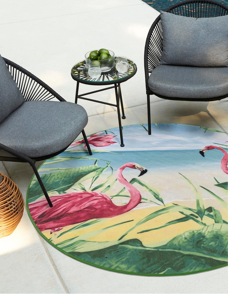Belizean Tropics Outdoor Rugs Collection Area Rug - Placencia Round Blue and Green lifestyle 24