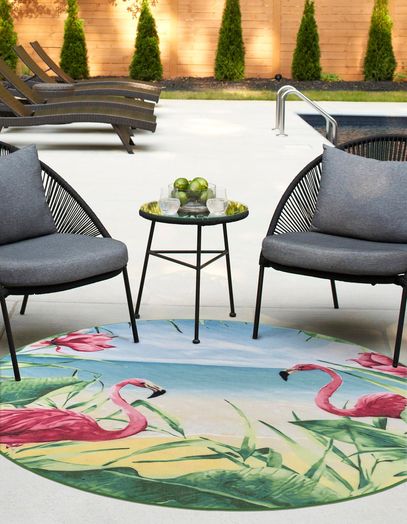 Belizean Tropics Outdoor Rugs Collection Area Rug - Placencia Round Blue and Green lifestyle 28
