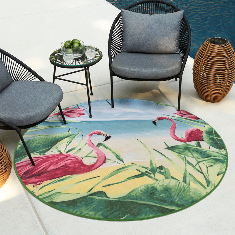 Belizean Tropics Outdoor Rugs Collection Area Rug - Placencia Round Blue and Green lifestyle 81