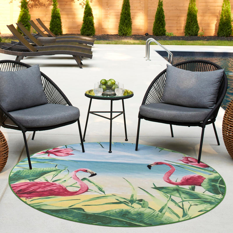 Belizean Tropics Outdoor Rugs Collection Area Rug - Placencia Round Blue and Green lifestyle 84